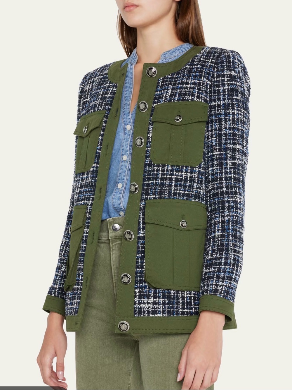 Veronica Beard Navy Tweed Jacket with Olive Trim & Pockets
